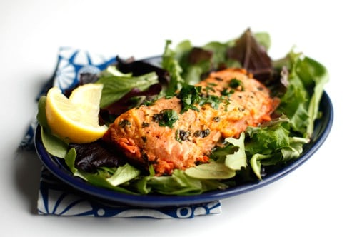 salmon filet on a bed of greens